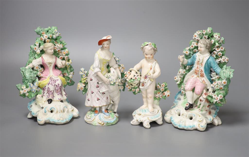 A pair of late 18th century Derby bocage figures, 16cm high, similar shepherdess and putti